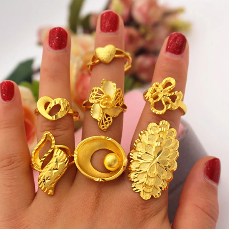 

The New Style Fashion Jewelry Copper Plated Vietnamese Sand Gold Open Love Heart Hollow Flower Ring Female Jewelry