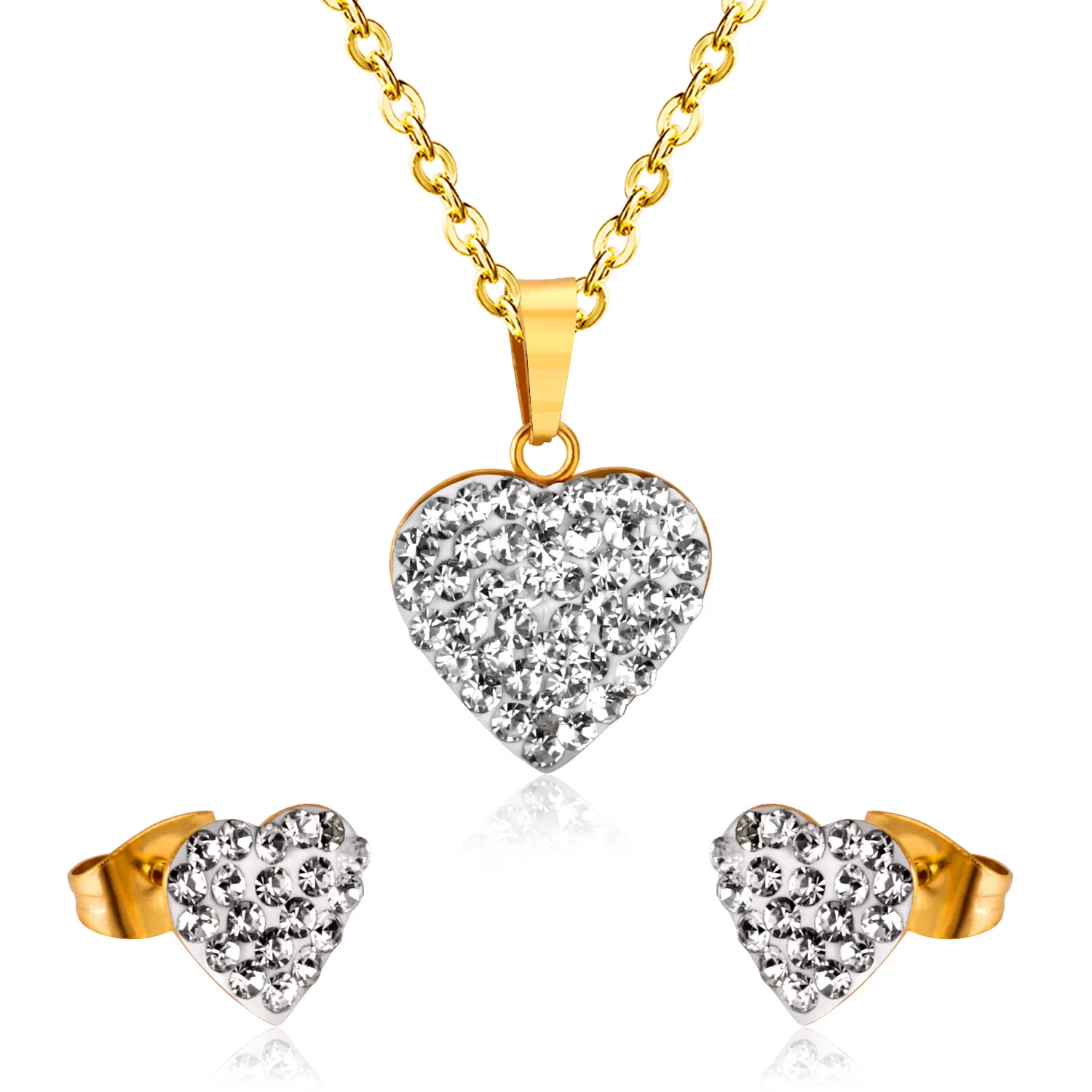 

Asonsteel stainless steel antiallergic silver pendant/earring set 14k gold plated heart shape 3pcs crystal jewelry set, Gold, silver