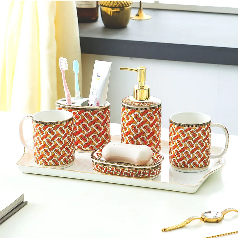 

Hot sale bathroom washing set ceramic couple 5 pieces bathroom supplies mouth brush teeth cup set, Blue/pink