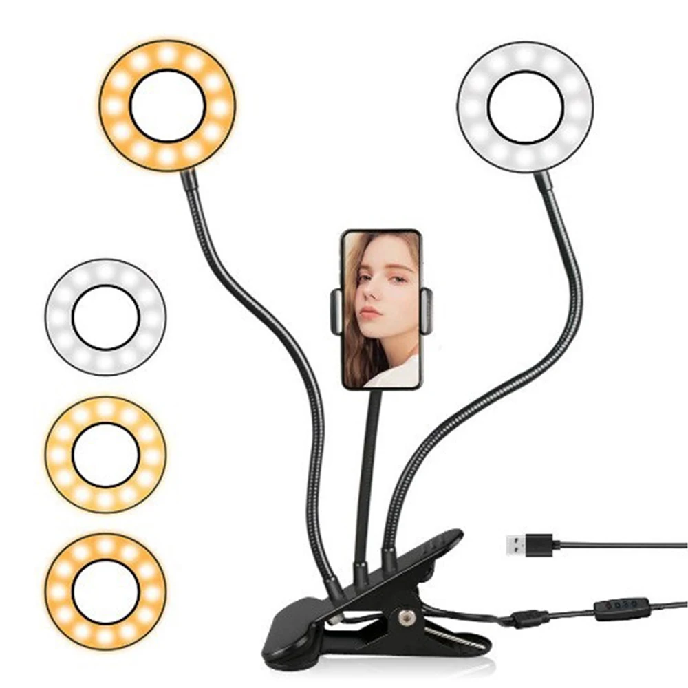 

Dual Head Led Selfie Ring Light for Clip Cell Phone Holder Live Stream Video Chat 360 Rotating Arms Lazy Bracket Desk Lamp, Black,white