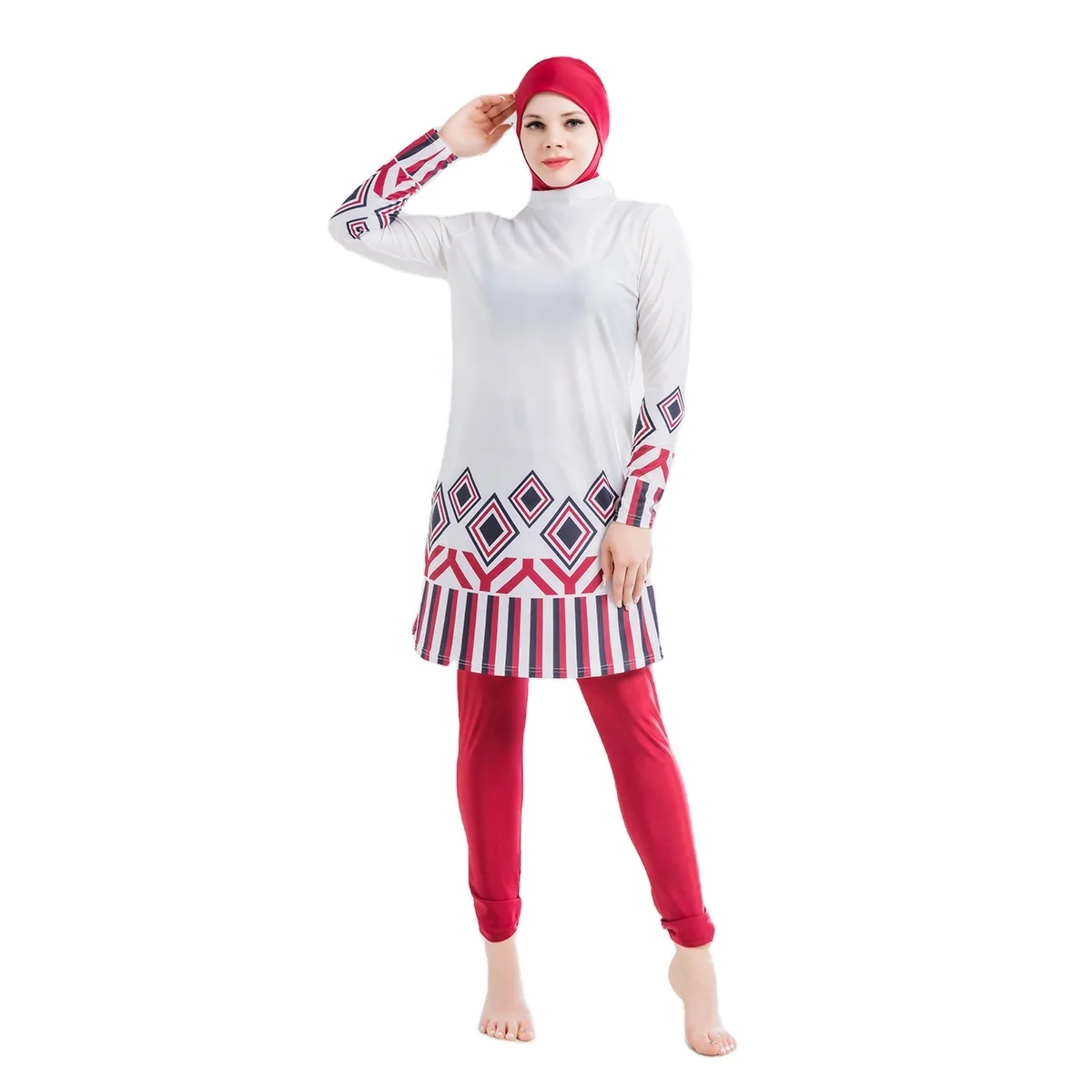 

MOTIVE FORCE White Islamic Swimwear Set Digital Printing Swimsuit For Muslim Woman Burkini
