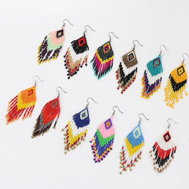 

Vintage Ethnic Handmade Drop Earrings Rice Bead Tassel Earrings Bohemia Earrings for Women, Picture shows
