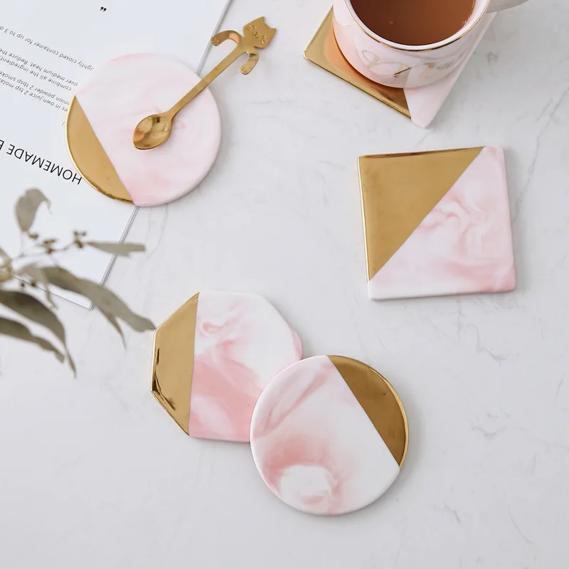 

Creative gold-plated ceramic coaster for drink marble wine coasters anti-scalding tea cup pink coaster ceramic, Picture