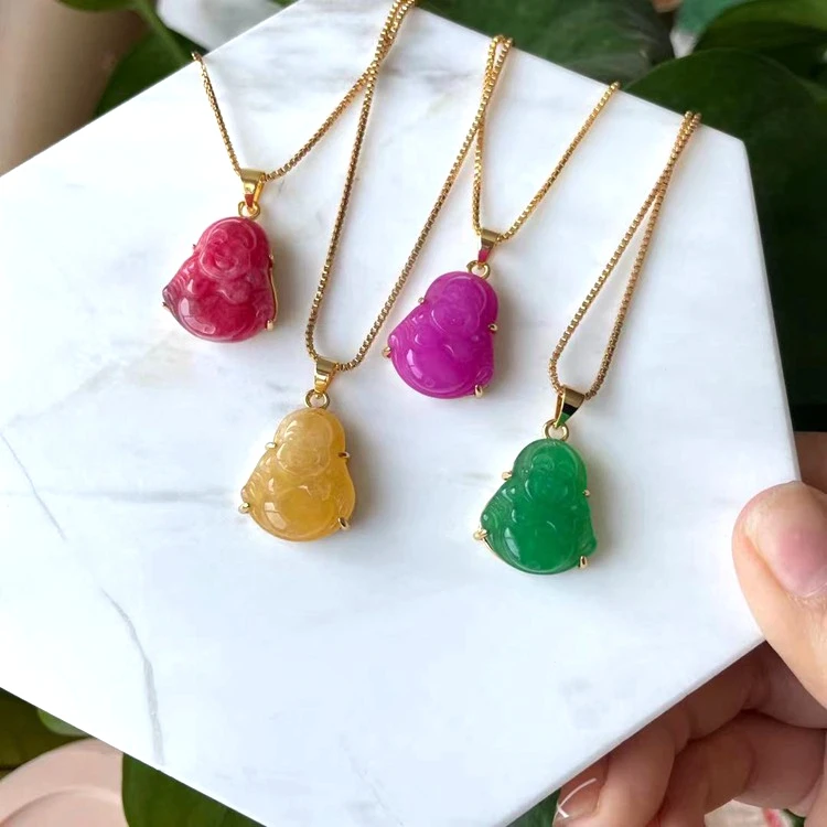 

New Charm Wholesale Cheap Price 2021 ins hot!!!natural jade iced out green pink laughing buddha pendant Maitreya necklace