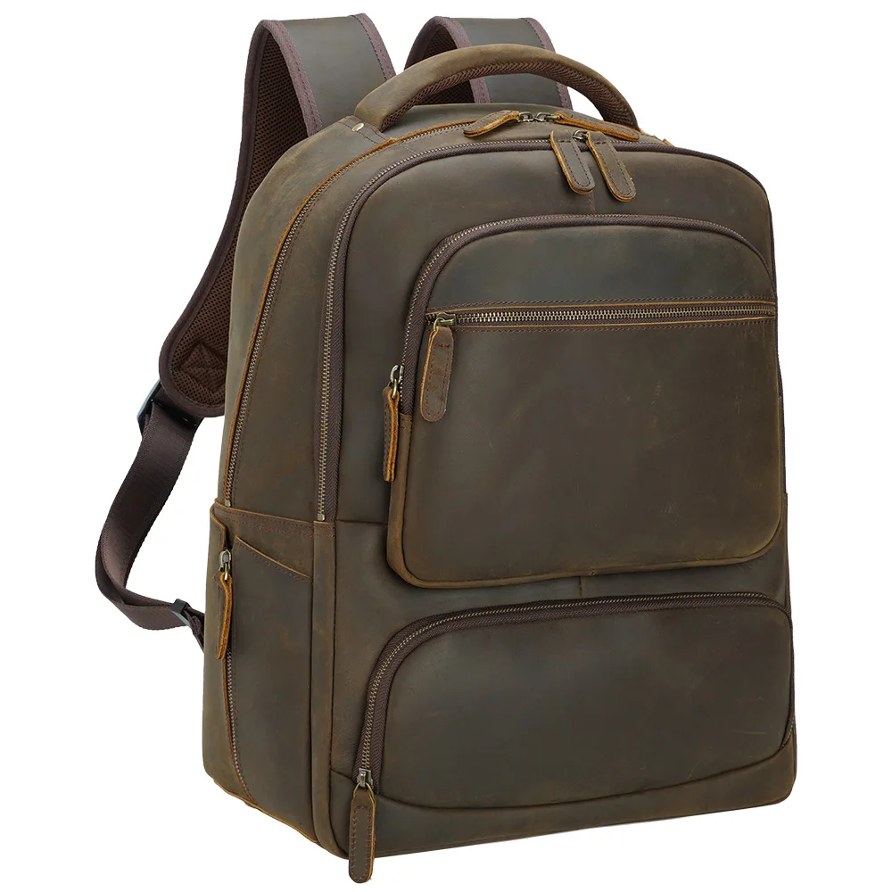 

Brown Full Grain Crazy Horse Leather Backpack Dropship Leather Laptop Back Bag Men Genuine Leather Laptop Backpack School Bag