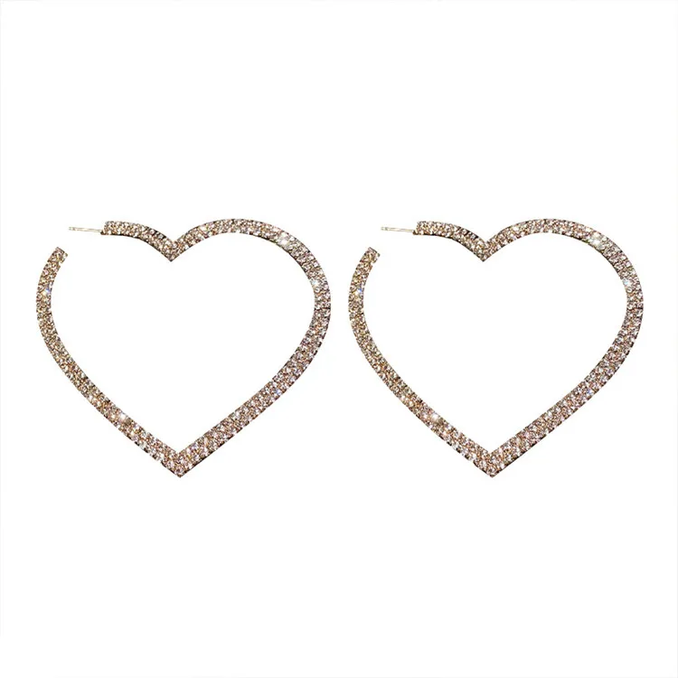 

Heart-shaped hypoallergenic silvery gold alloy large hoop bling earrings