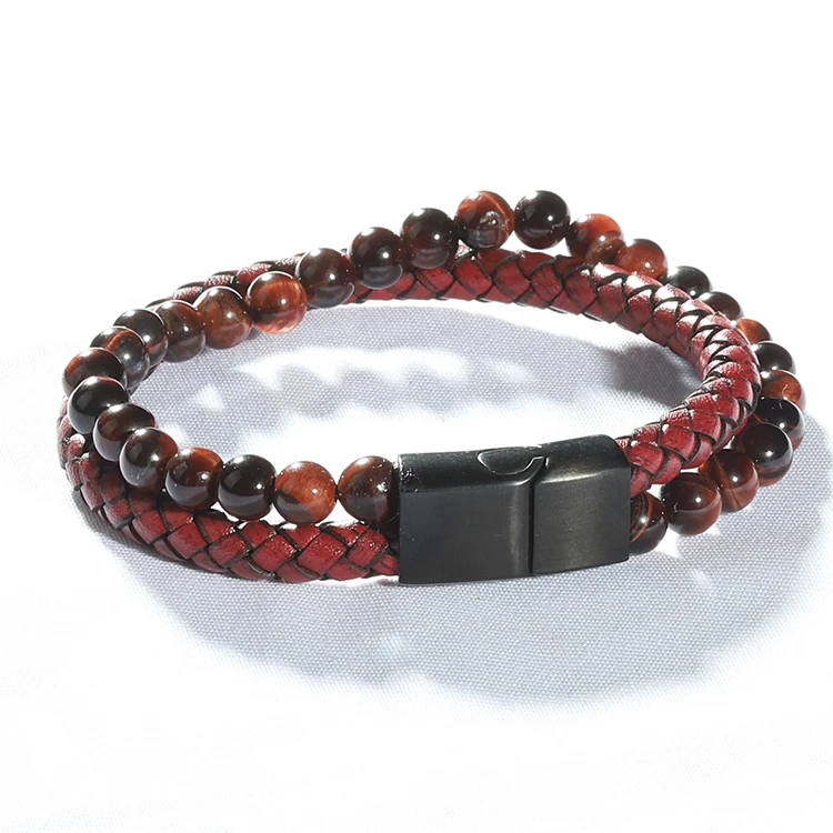 

Stars Forever Double Row Natural Red Tiger Eye Beads Mens Red Leather Bracelet