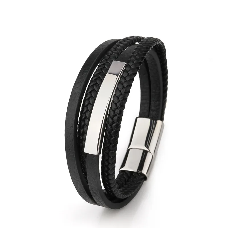 

Punk Silver Stainless Steel Magnetic Buckle Men Leather Bracelet Multilayer Braided PU Leather Bracelets Cuff Wrap Bangle
