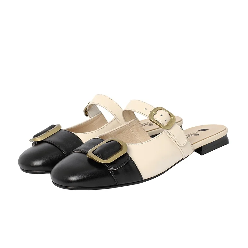 

Universe M015 New Arrival 2021 Marry Jane Buckle Strap Assorted Color Genuine Leather Flat Women Ladies Slippers Shoes, Black/ivory/brown