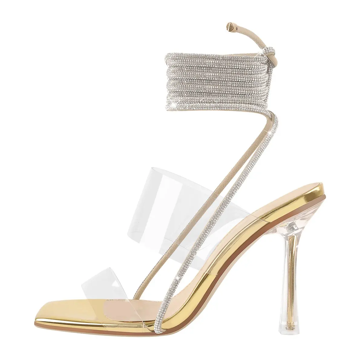 

factory price women's sandals gold square toe rhinestone strap clear heel stiletto sandales femme