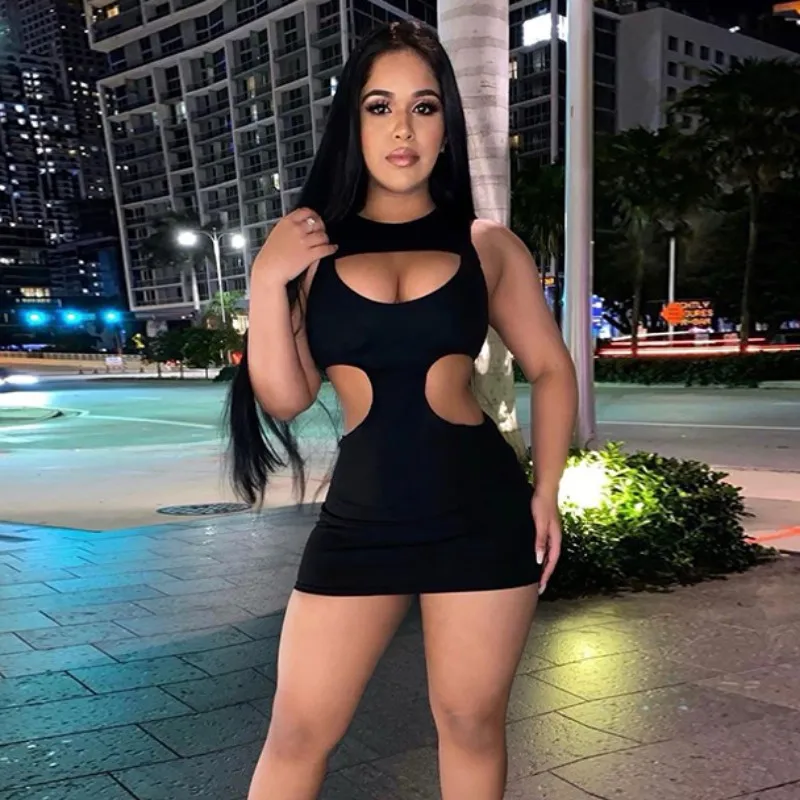 

Solid Sleeveless Crew Neck Pierced Tight Black Irregular Ladies Summer 2021 Sexy Cut Out Mini Dress Party Women Dresses -SM