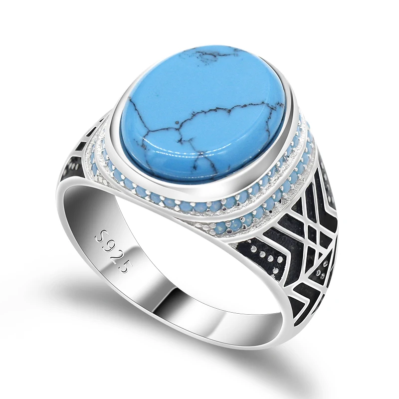 

New Arrival 925 Sterling Silver Big Stone Turquoise Men Ring,Turkish White Gold Plated Jewelry Rings for Men Engagement Wedding