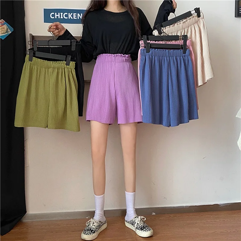 

Wholesale Pleated Loose Polyester Summer Casual High Waist Shorts For Women, Black, green, blue, purple
