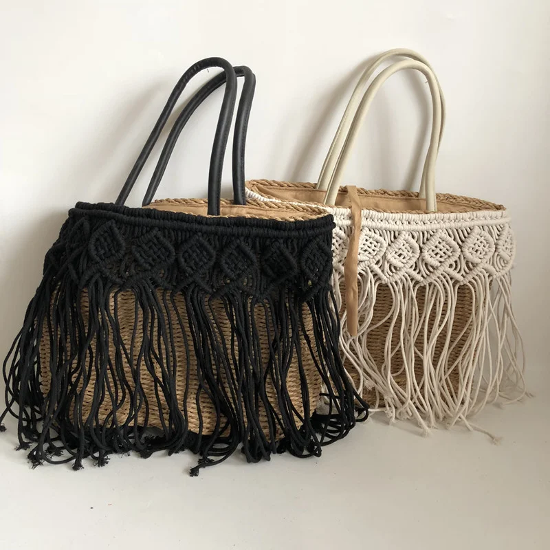 

Straw Bag Summer Beach Bag Women Handbag Handmade Bucket Fashion Bohemian Style Mix Cotton Tassels