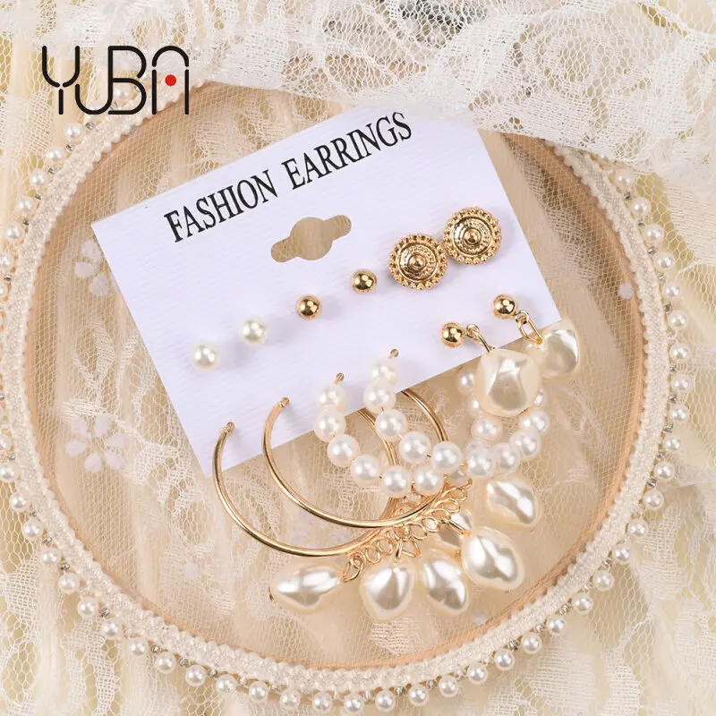 

Dainty Simple Irregular Pearl Stud Earring 6 Pieces Set Alloy Large Circle Hoop Earring, Picture