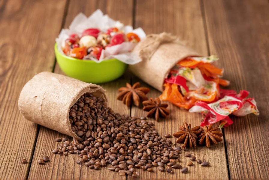 Traditional candy anise varieties arranged on wooden table with anise seeds