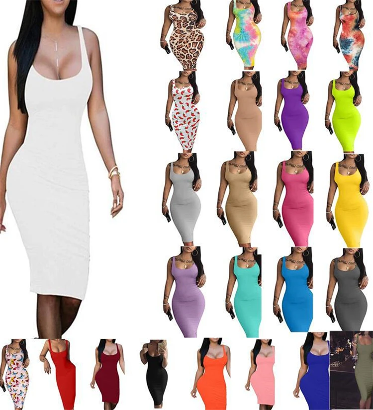 

2021 summer new arrivals women no sleeve midi dress fashion solid color bodycon sexy vest dres women's sleeveless prom dresses