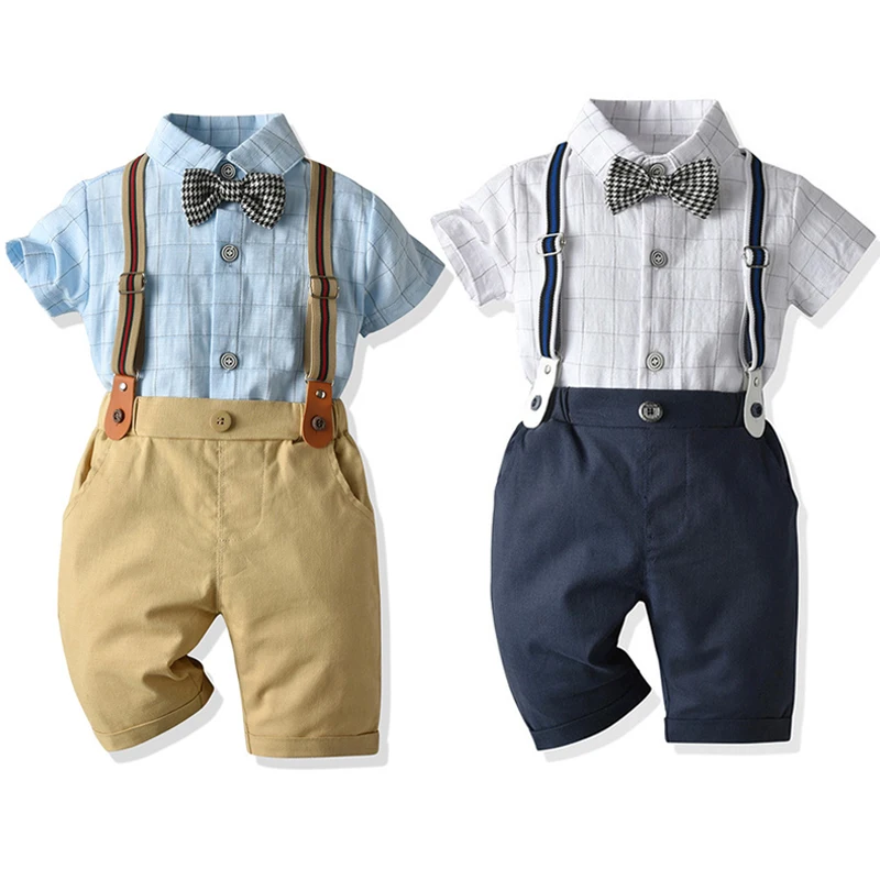 

2021 3PCS Outfit Suit Bow Short Sleeve Button Down Plaid Top Solid Color Pocket Short Pant Y Shaped Strap Baby Boy Clothing Sets