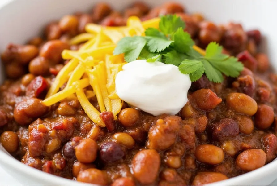 Close-up of slow cooker venison chili served in a bowl with toppings including sour cream, shredded cheese, and fresh cilantro