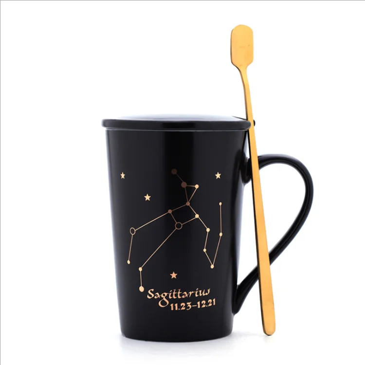 

12 Constellations Ceramic Coffee Milk Mug with Spoon Lid Black and Gold Porcelain Zodiac Ceramic Cup Mug