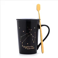 

12 Constellations Ceramic Coffee Milk Mug with Spoon Lid Black and Gold Porcelain Zodiac Ceramic Cup