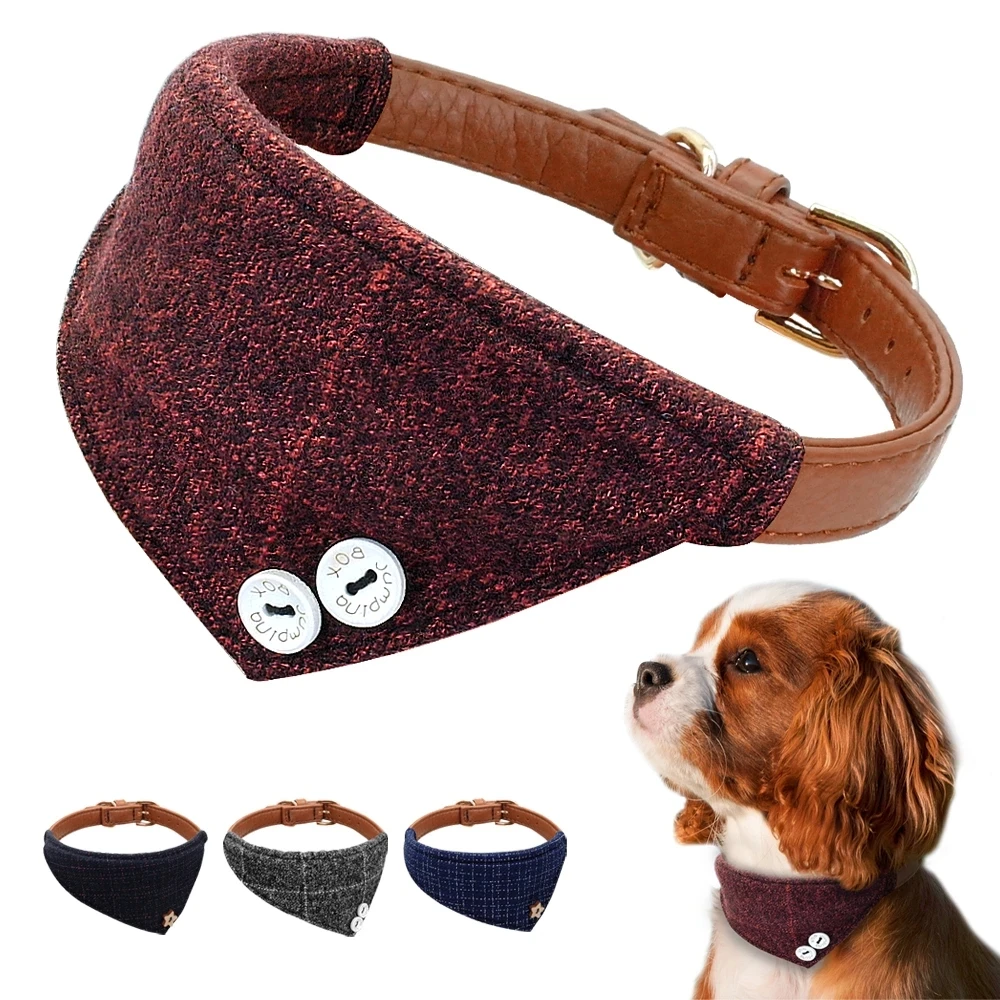 

Pet Collar Dogs Adjustable Leather Puppy Cat Collar Plaid Scarf Dog Accessories, 4 colors
