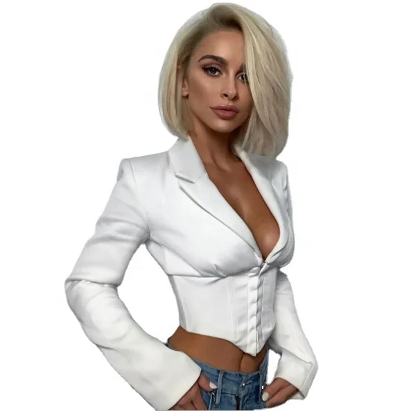 

Popular OEM Lady Long Sleeve Sexy Solid Deep V Crop Top Blazer, White,black,green, purple or custom