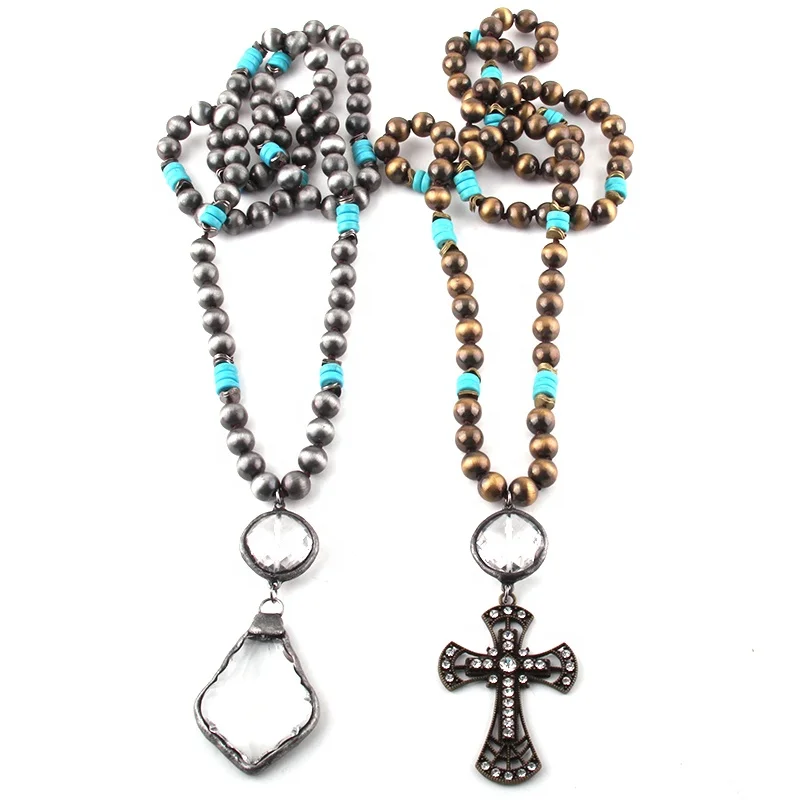 

Fashion Bohemian Tribal Jewelry Wire Drawing CCB Long Knotted Dorp Cross Necklaces, 2 different stone