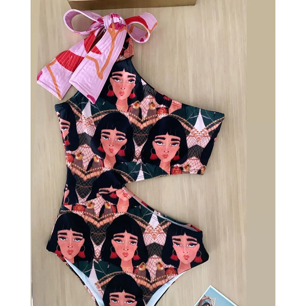 

One Shoulder Bandage Hollow Out Conjoined Swimsuit Abstract Face Printed Bikini 2021 New Women Swimwear Beachwear bathing suits, Customized color