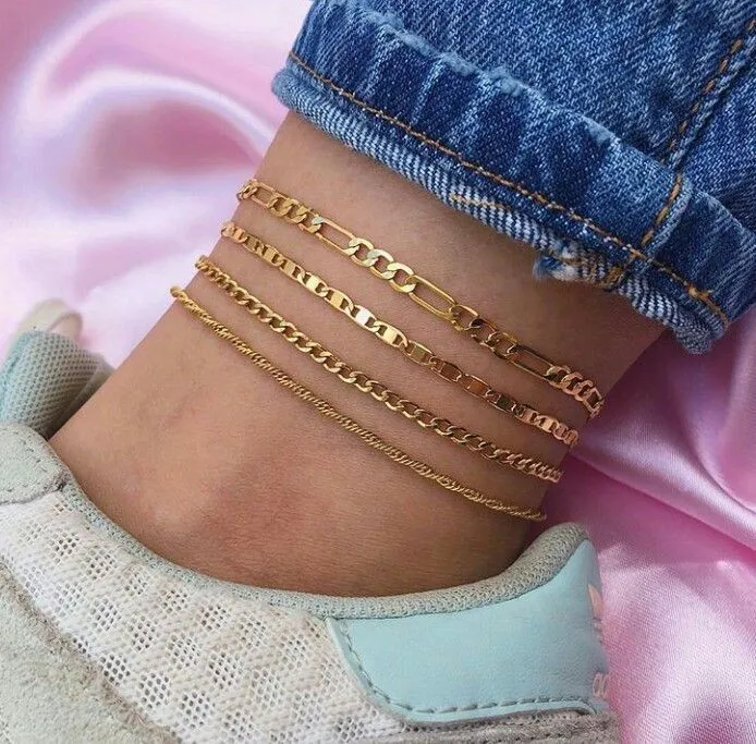 

2021 4pcs Set Multilayer 18k Gold Plated Leg Chain Anklets Beach Foot Jewelry Layered Figaro Chain Anklet, Photo