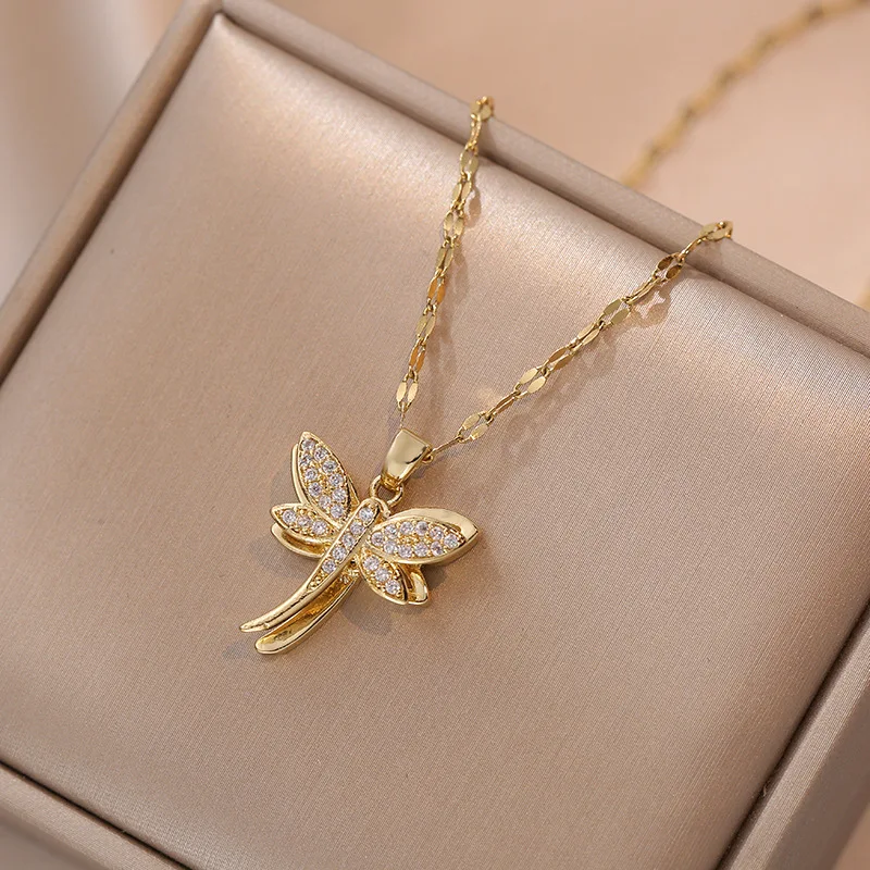 

Collar Girasol Giratorio Antiestres Zircon Dragonfly Pendant Necklace Stainless Steel Bling Diamond Rotating Dragonfly Necklace