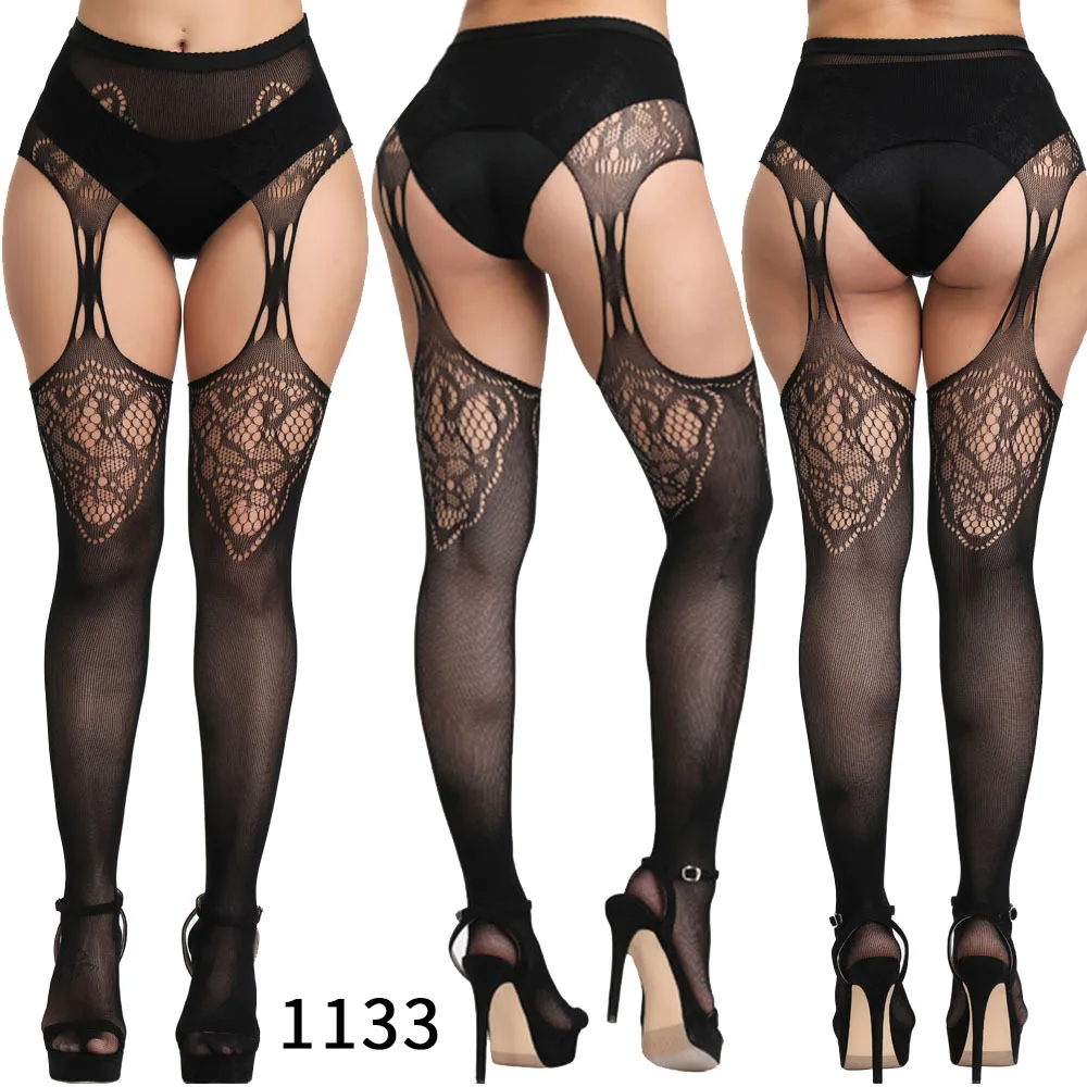 

High waist thigh high Pantyhose sexy lace garter transparent suspender mesh fishnet black lingerie stockings
