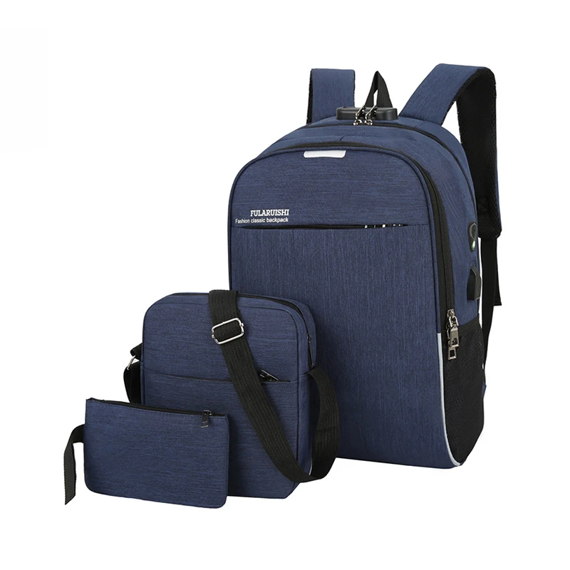 

Large Capacity Cheap Daily Used Blue Boy Kids Fashion Canvas 3PCS School Backpack Set Bag For Teens, Blue, black,grey,red,or customized