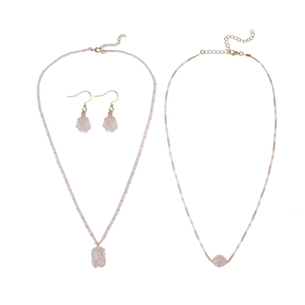 

2021 New Arrivals Gold Plated Copper Natural Stone Pendant Necklace Smooth Shape Pink Stone Earrings Jewelry Set