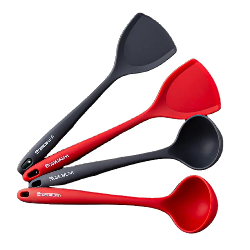 

E152 4 Pcs Silicone Cooking Utensil Set Stainless Steel Wood Handle Cookware Spatula Set Tools Kitchen Silicone Cooking Utensils, Red, black