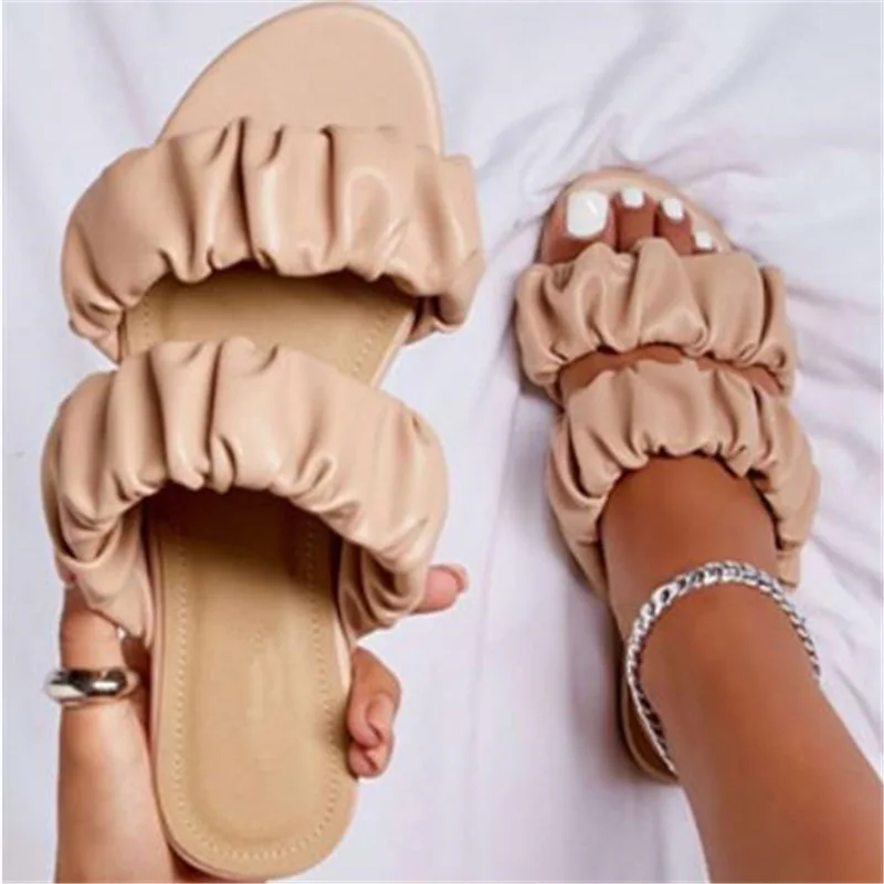 

women's slippers 2020 summer new fashion Hot Selling Women's Slippers Small Fragrant Style Two Belt Pleated Flat Bottom Slippers