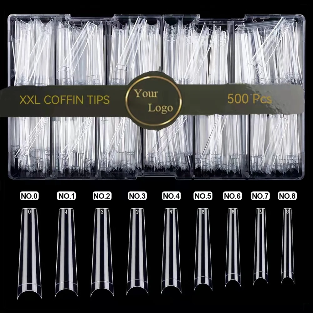 

Custom 500Pcs / Box XXL Long Coffin Shape Tips for Acrylic French False Nails Extra Half Full No C Curve Nail Tips Clear