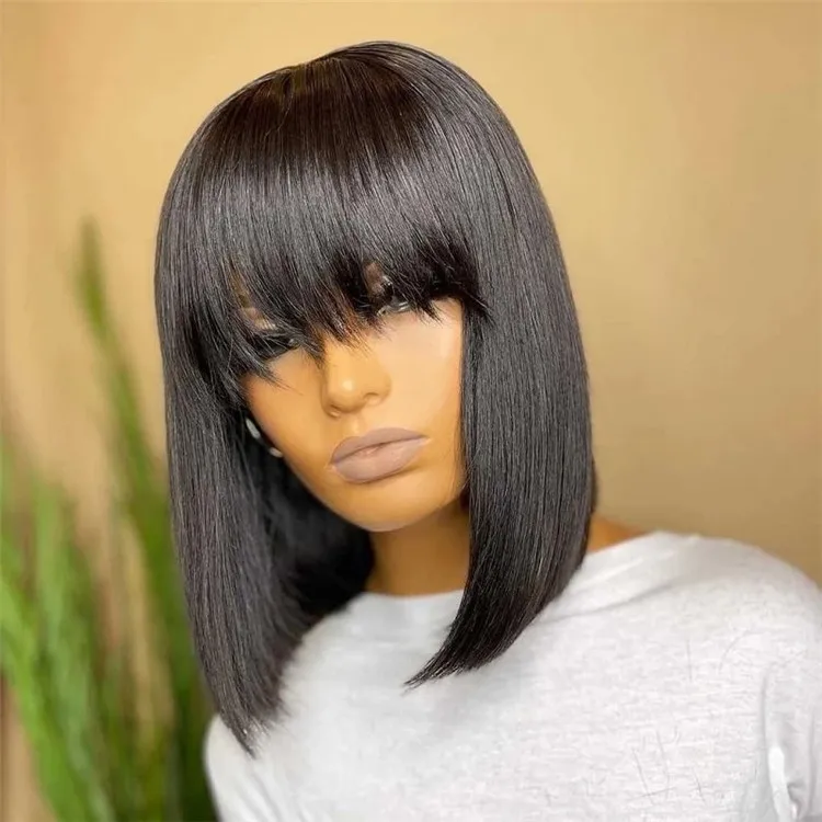 

Wholesale Straight Bob Wig Brazilian Remy Hair Human Wigs For Women Ombre Color Full Machine Made Wig With Bang, Natural color human wig