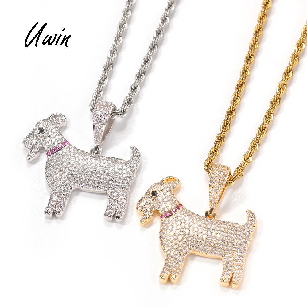 

UWIN Iced Out CZ Goat Pendant Charm Necklace Sheep Head Animal Pendant Necklace Women Men Jewelry