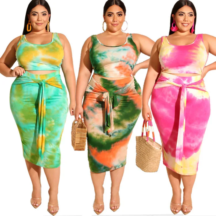 

2021 summer new style tie-dye printing tight-fitting hip fashion casual suit plus size women's two-piece suit