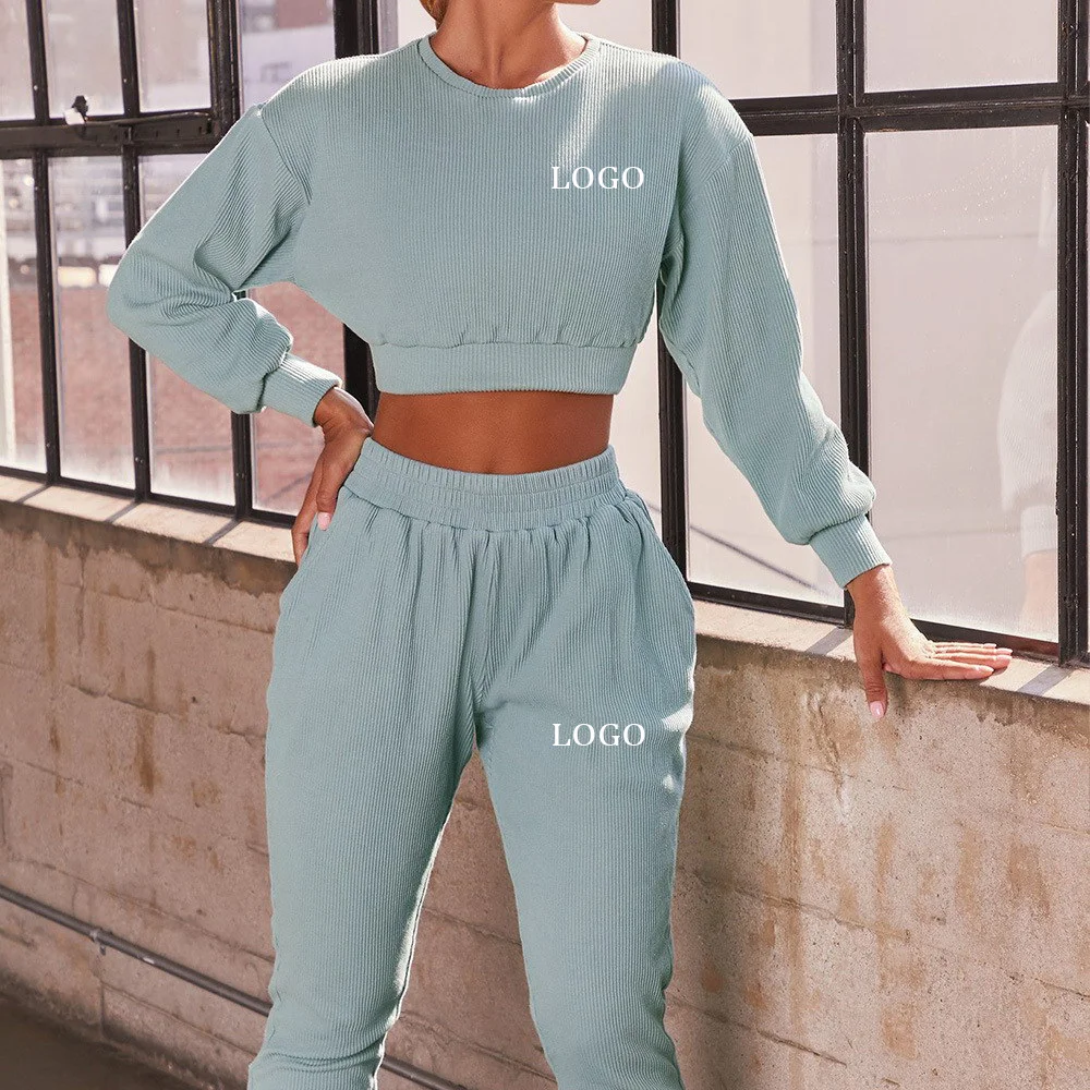 

Autumn Winter Womens Cross Border Casual Fashion Long Sleeved Short Top Trousers Sports Two Piece Suit