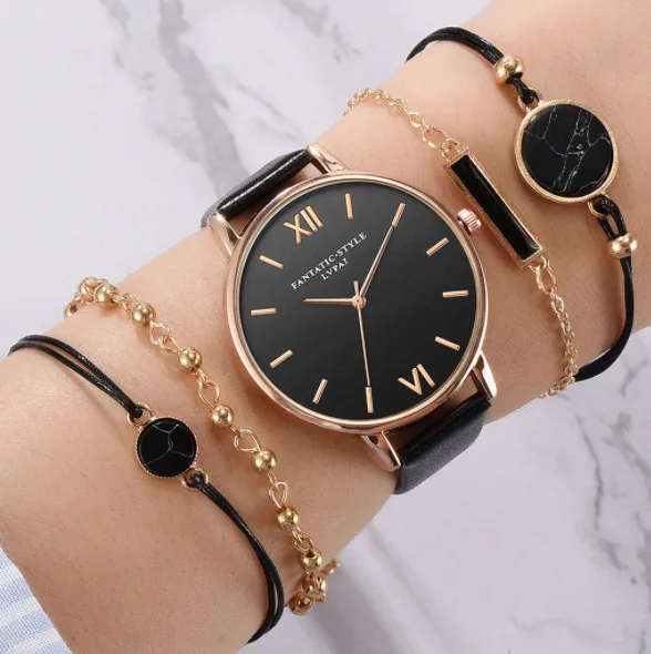 

5Pcs Set Simple Watch And Bracelet Set pu Leather Watch Band Quartz Wristwatch Gift Set For Women, Picture shows