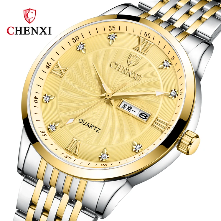 

Chenxi 8212 new arrival golden unisex quartz watch formal steel Strap Waterproof Calendar week display Couple wrist watch