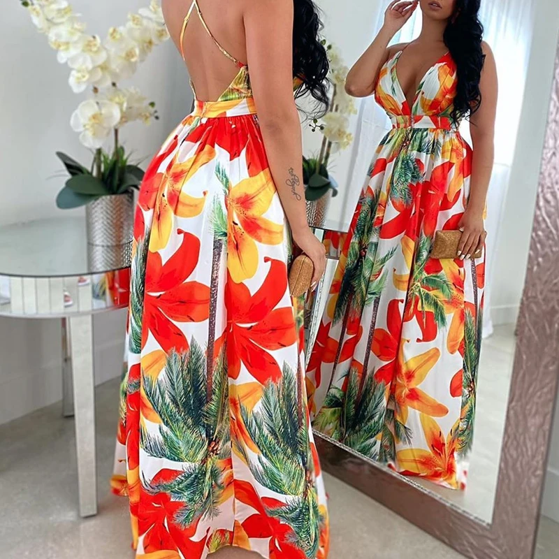 

Bellewholesale----- YSK2405 Floral Print Backless Maxi Dress for women