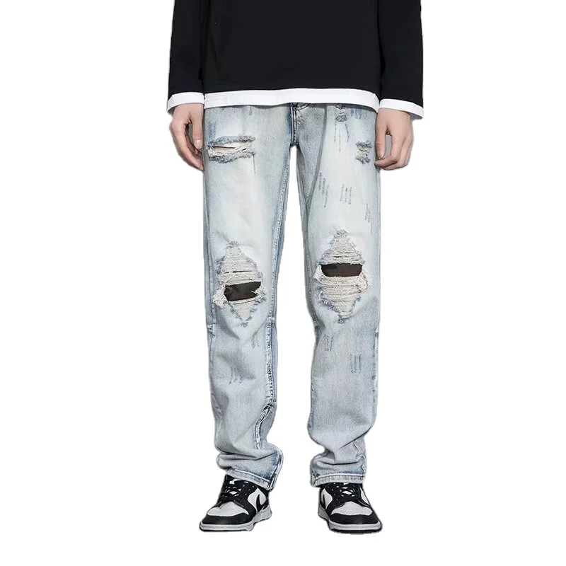 

Distressed Pants Stacked Jeans For Men Patchedjeans Flare Trousers Ripped Vintage Jeans