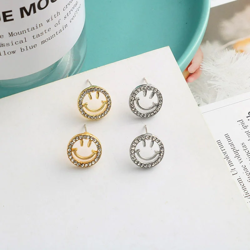 

Hip Hop Gold Plated Zircon Smiling Shinny Smile Stud Hollow Cute Jewelry Happy Face Earrings For Girls And Kids, Colorful