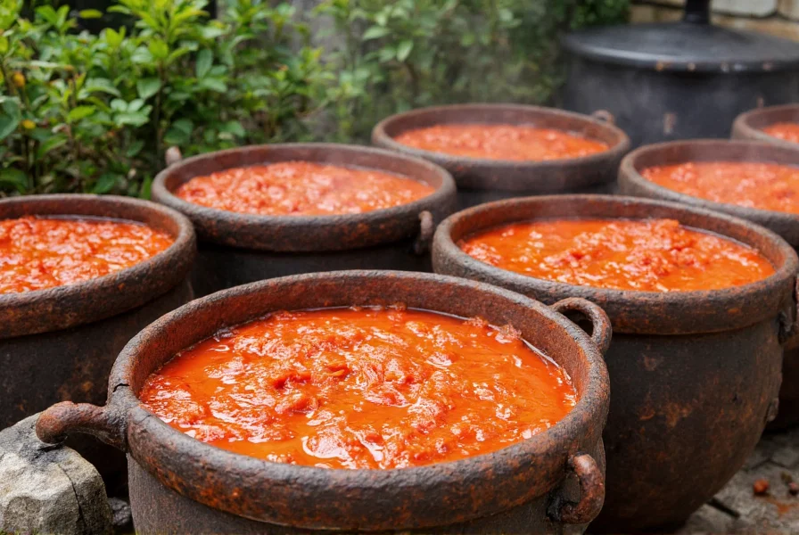 Traditional Korean onggi pots containing red gochujang paste fermenting in a garden