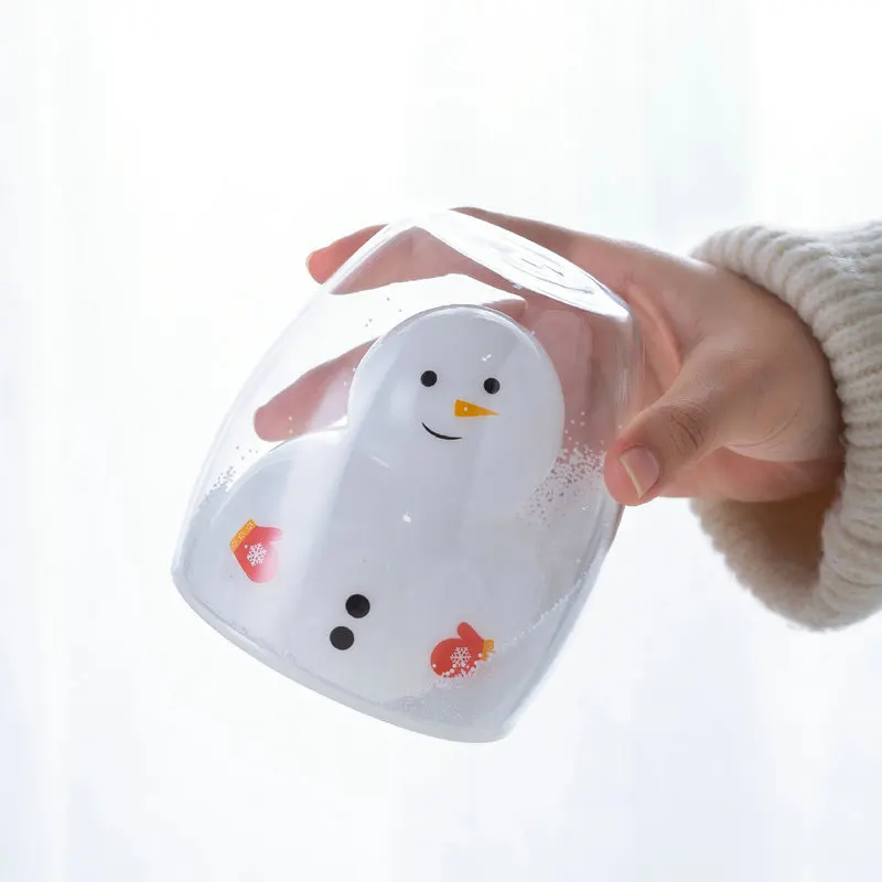 

2021 Hot Selling Hand made creative snowman shape double wall glass drinking cup for christmas gifts, Clear