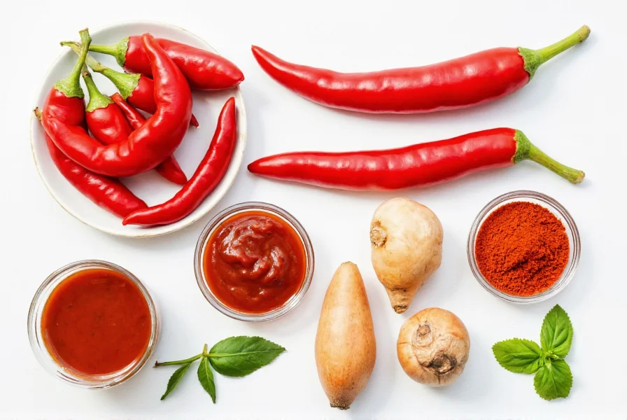 Various chili peppers and ingredients used to make homemade chili sauce
