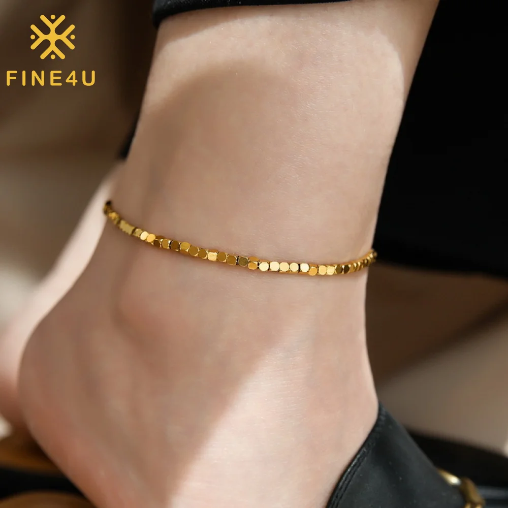 

Summer Beach Waterproof Ankle Bracelet 18K Gold Square Bead Stainless Steel Fashion Jewelry Anklets For Women